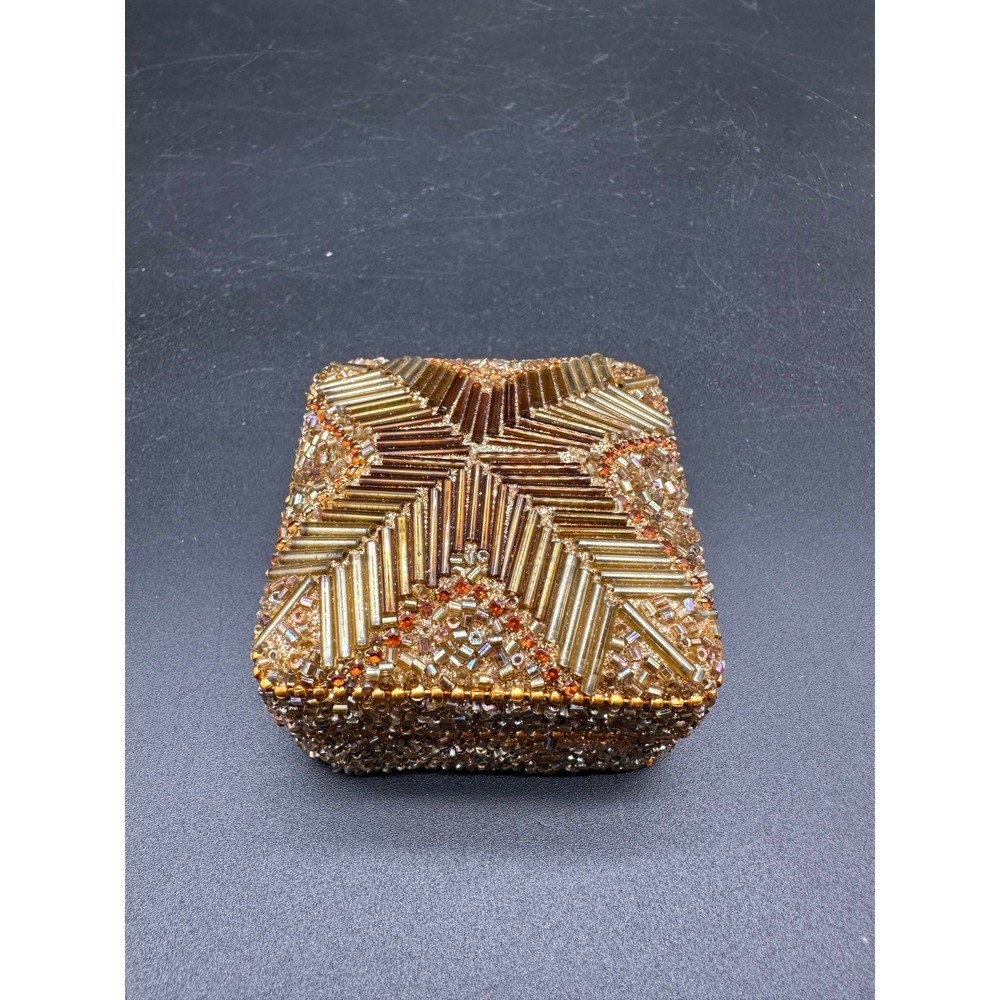 Vintage Gold Beaded Trinket Box Starburst Pattern Square Metal Jewelry Case